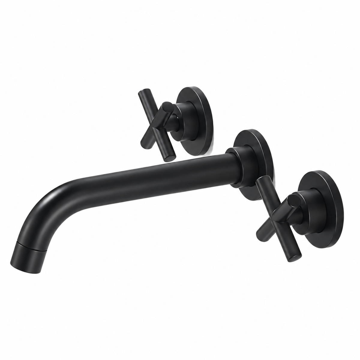 Robinet de lavabo mural HALVAR noir 3 trous : bec et deux croisillons, sur fond blanc