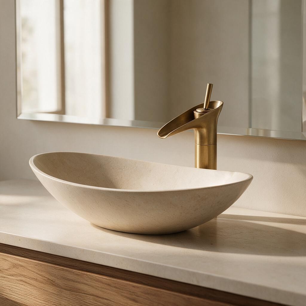 Robinet de lavabo INGRA en laiton vieilli au-dessus d'une vasque ovale sur meuble en bois