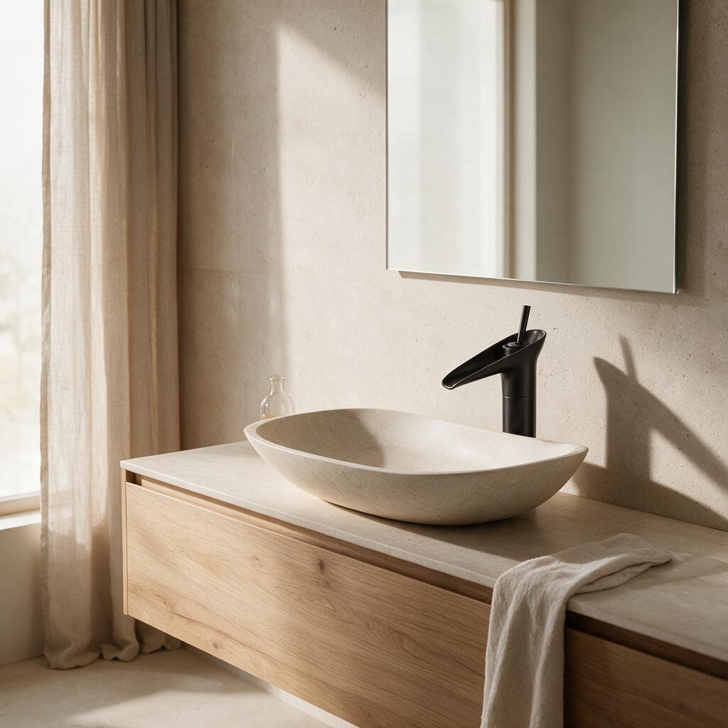 Robinet de lavabo INGRA noir au-dessus d'une vasque ovale sur meuble en bois