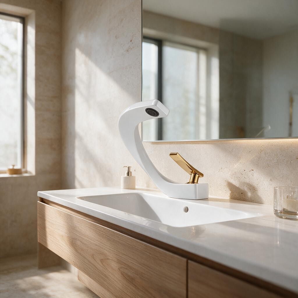 Robinet de lavabo LYRAN blanc au bec courbe installé sur un plan de toilette clair