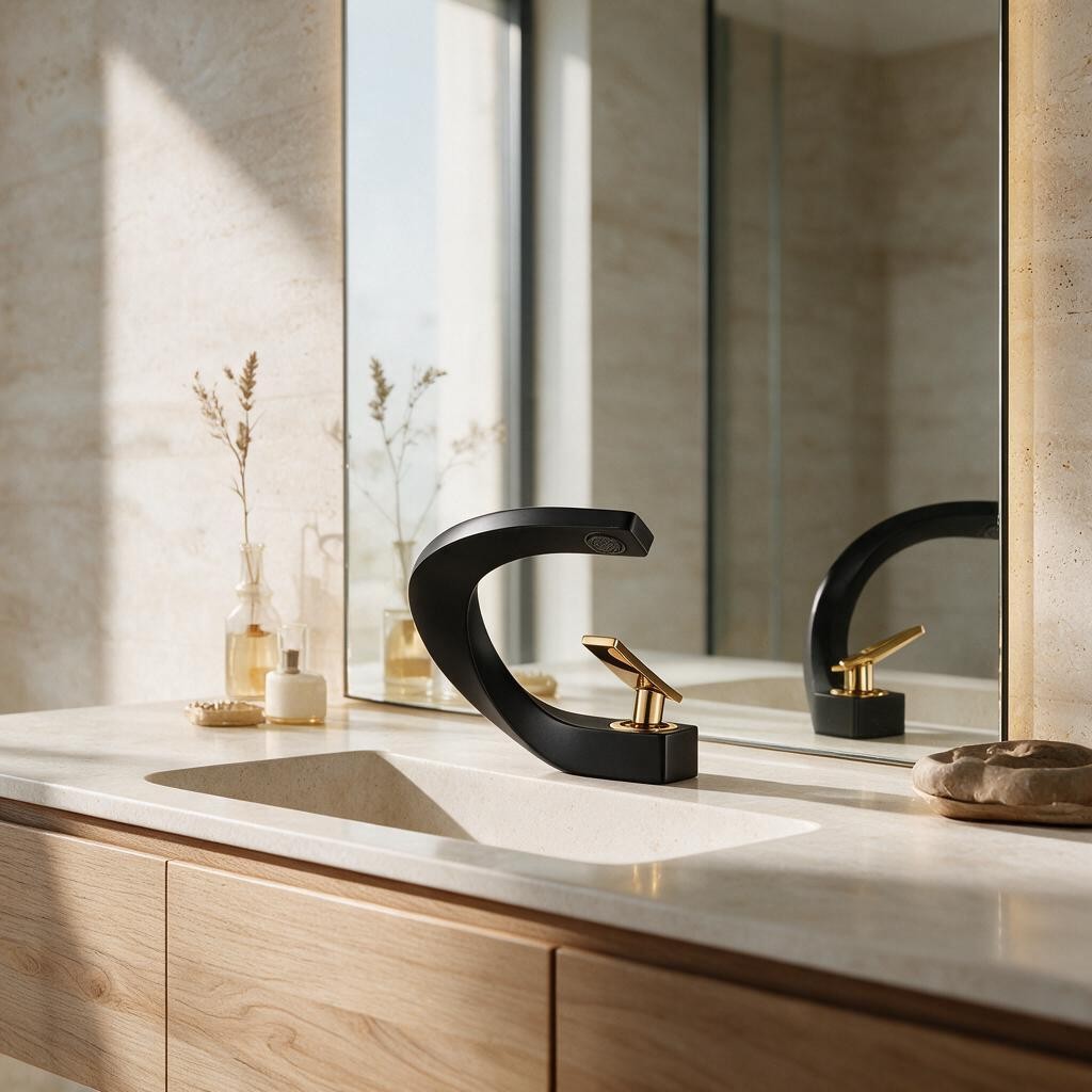 Robinet de lavabo LYRAN noir au bec courbe installé sur un plan de toilette clair