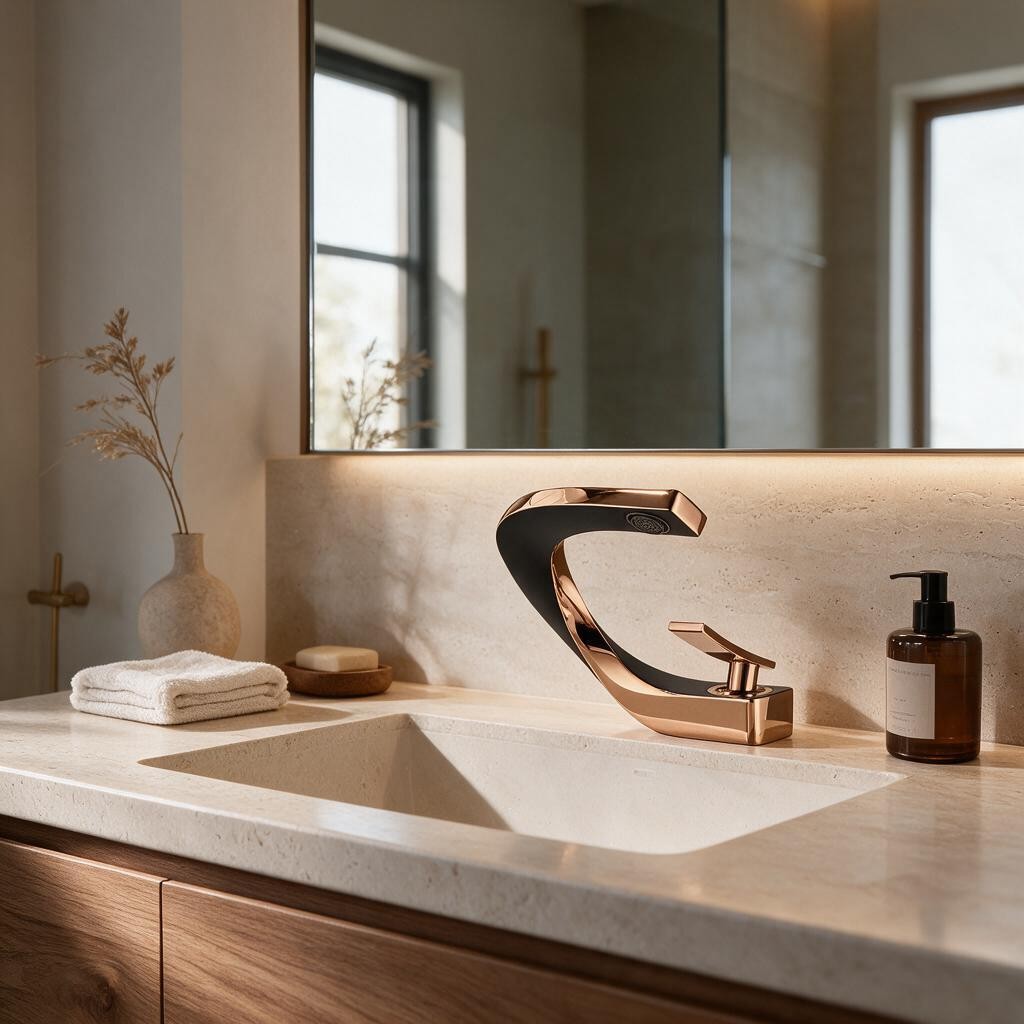 Robinet de lavabo LYRAN or rose et blanc installé sur un plan de toilette clair