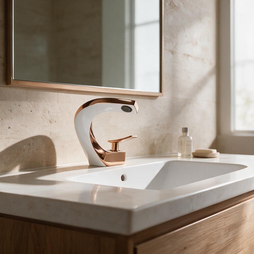 Robinet de lavabo LYRAN or rose et blanc au bec courbe sur un plan de toilette en pierre