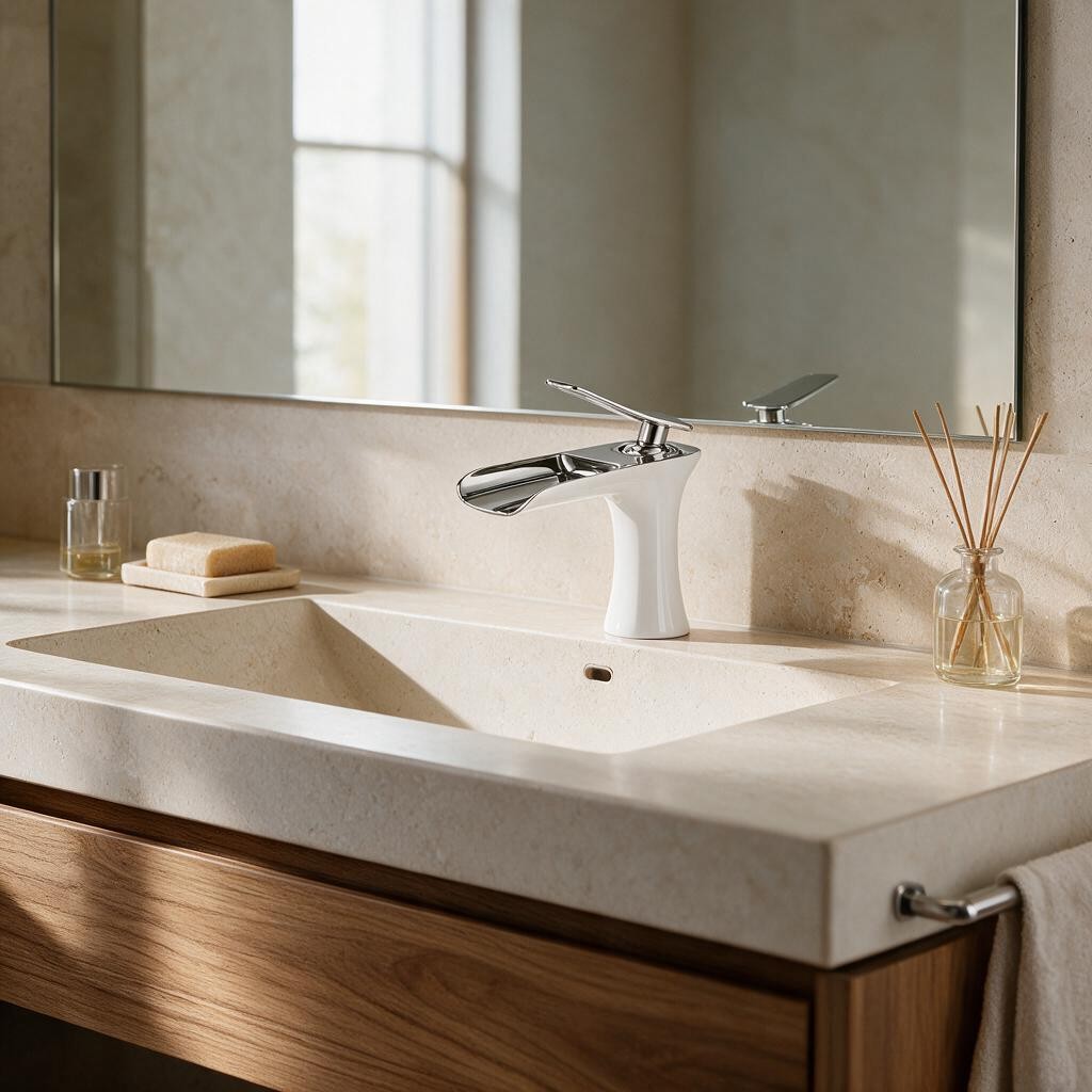 Robinet de lavabo MALEN blanc et chromé à bec cascade sur un plan de toilette