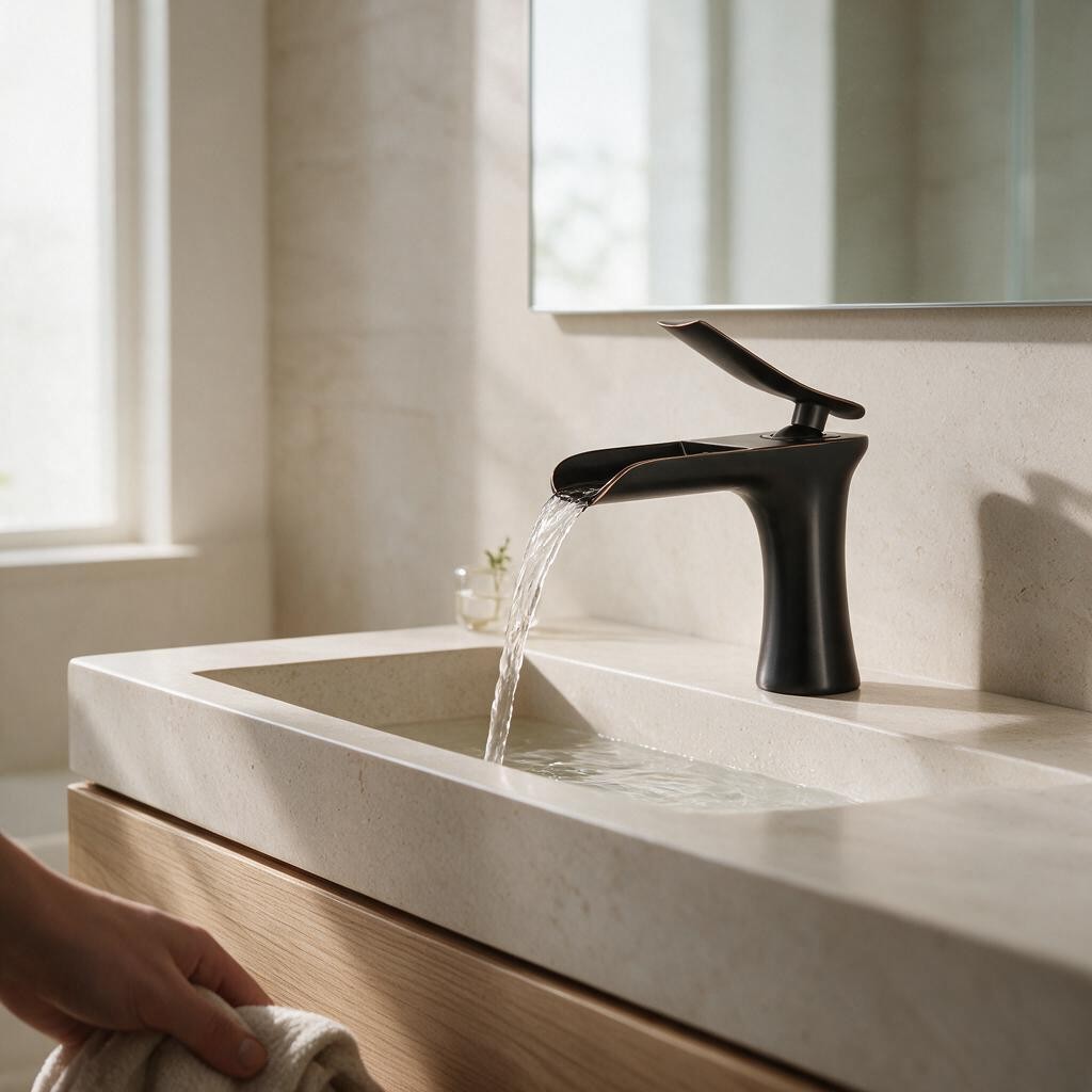 Robinet de lavabo MALEN noir à bec cascade sur une vasque en pierre
