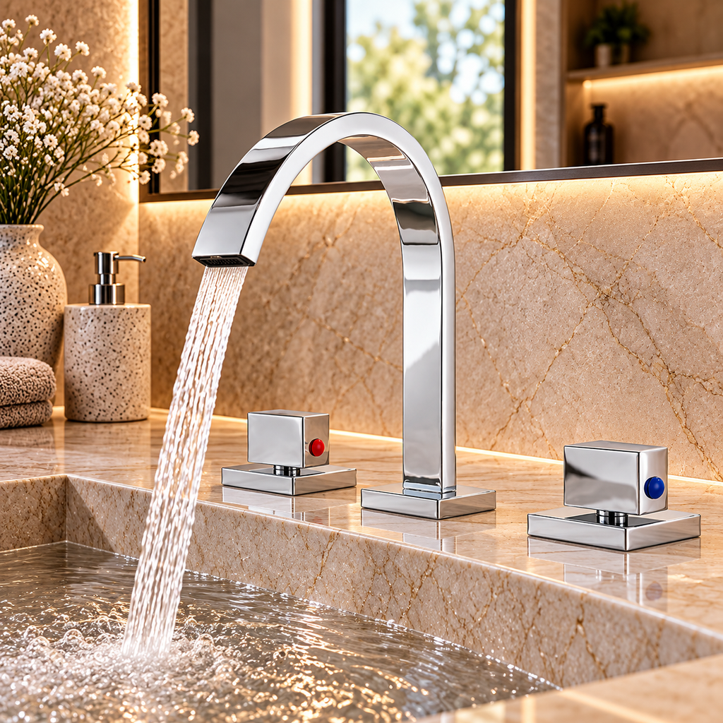 Robinet de lavabo NERIA chromé à bec cascade installé sur un plan de toilette en pierre