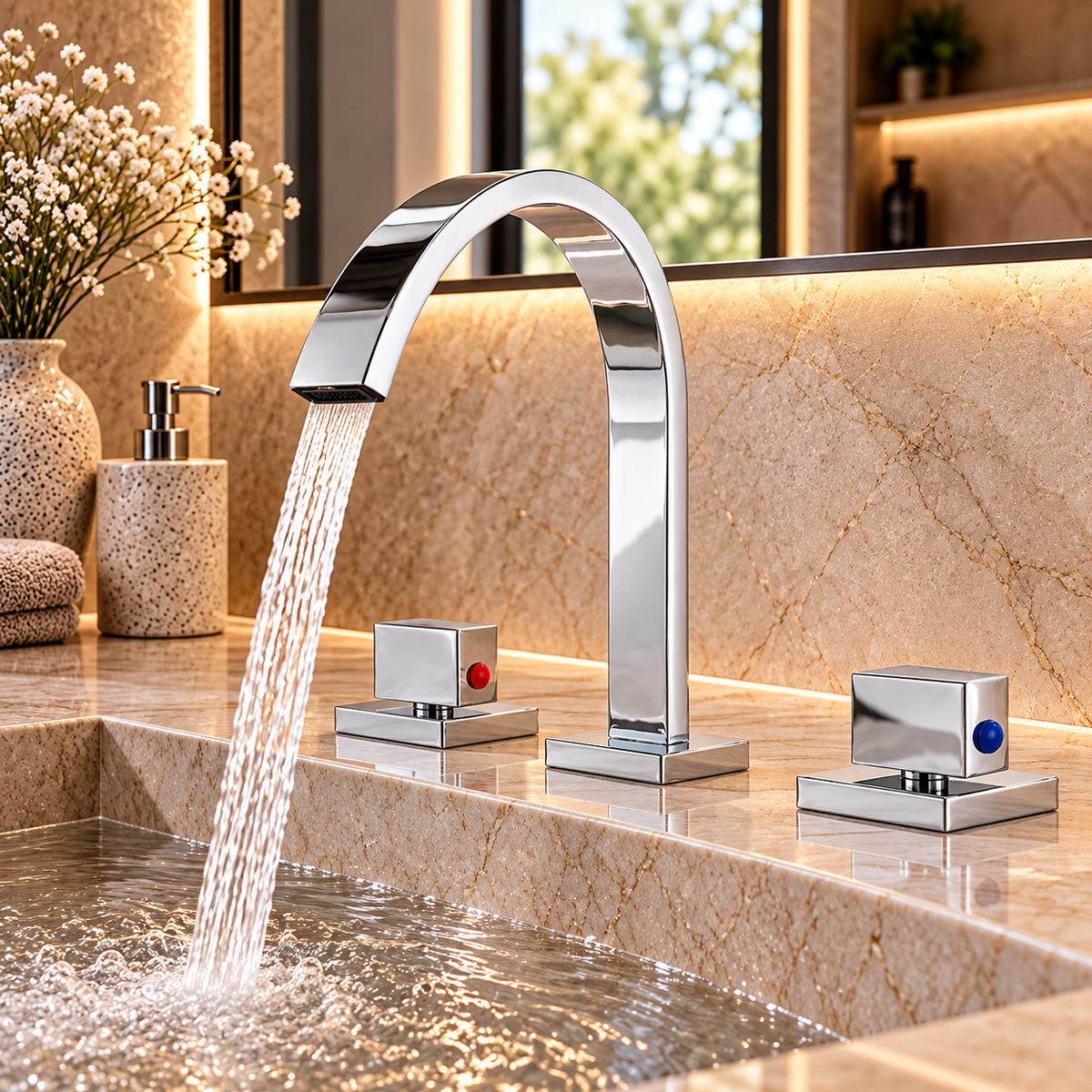 Robinet de lavabo NERIA chromé à bec cascade installé sur un plan de toilette en pierre