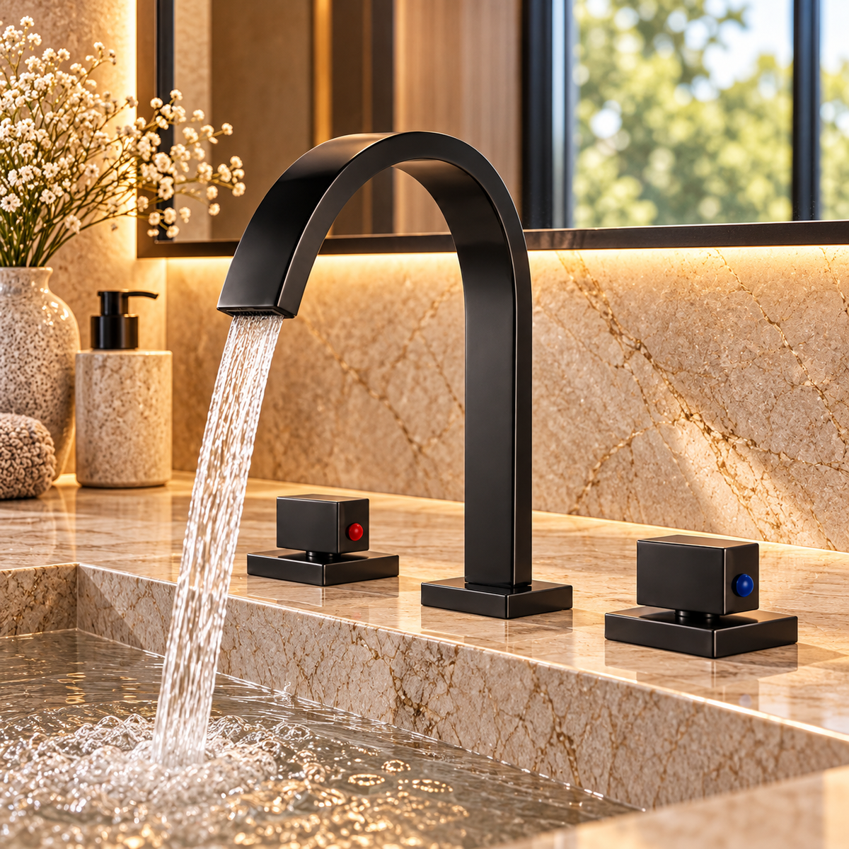Robinet de lavabo NERIA noir à bec cascade installé sur un plan de toilette en pierre