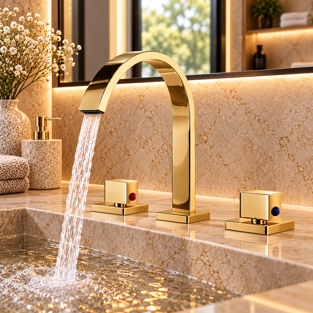 Robinet de lavabo NERIA doré à bec cascade installé sur un plan de toilette en pierre
