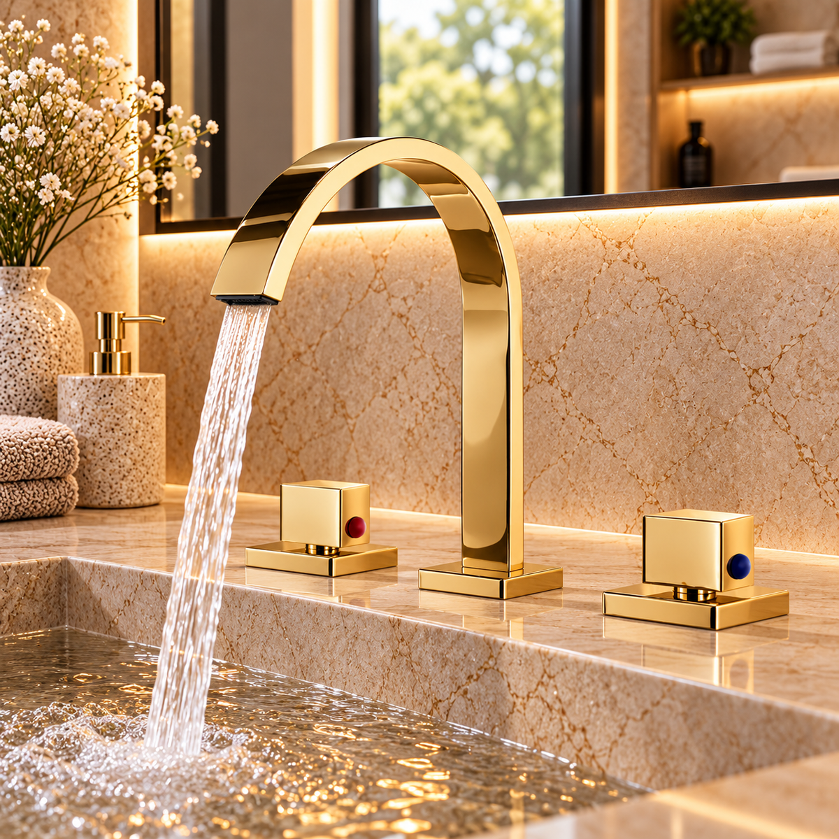 Robinet de lavabo NERIA doré à bec cascade installé sur un plan de toilette en pierre