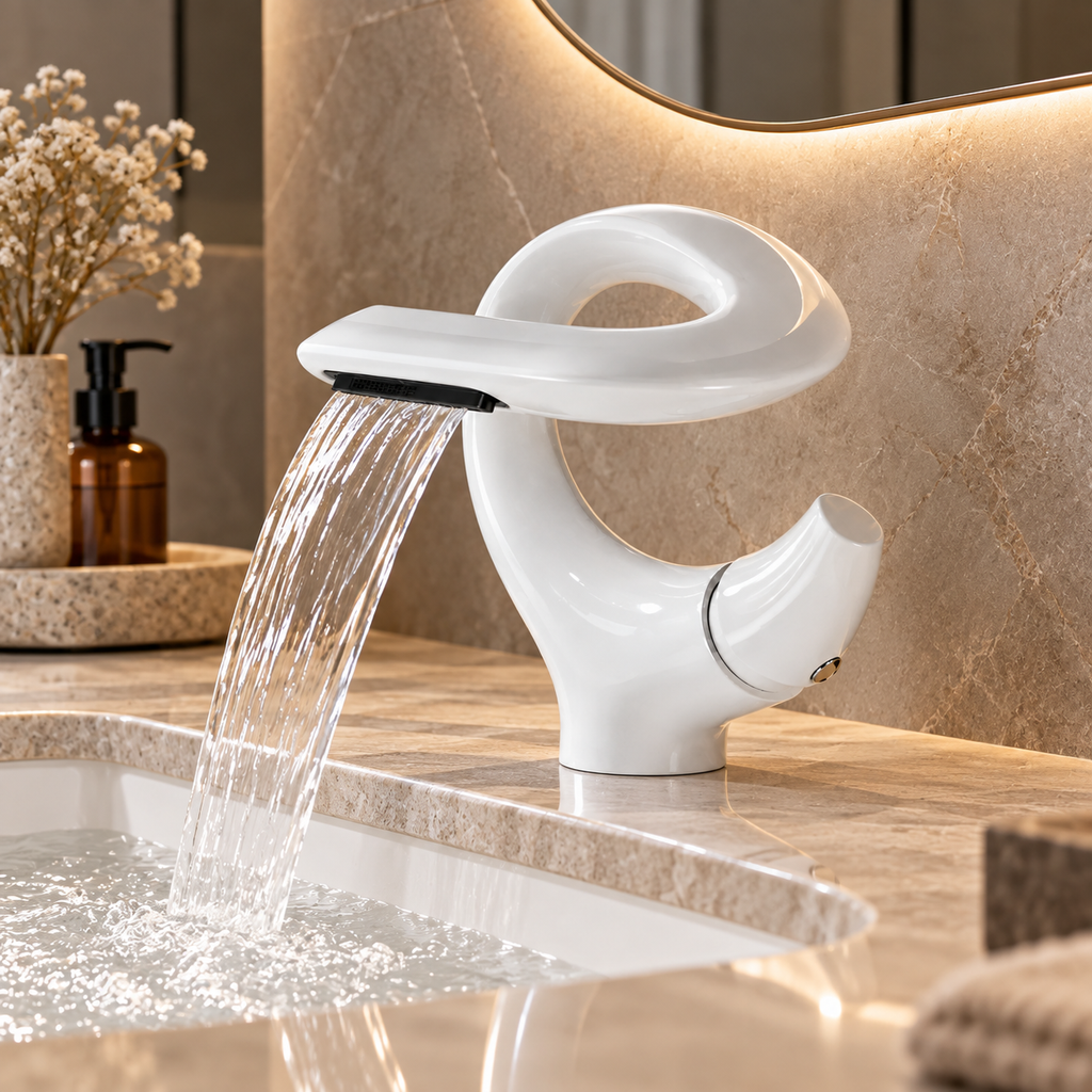 Robinet de lavabo NORVA blanc en anneau, écoulement en cascade sur un plan en pierre