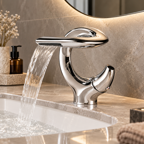 Robinet de lavabo NORVA chromé en anneau, écoulement en cascade sur un plan en pierre