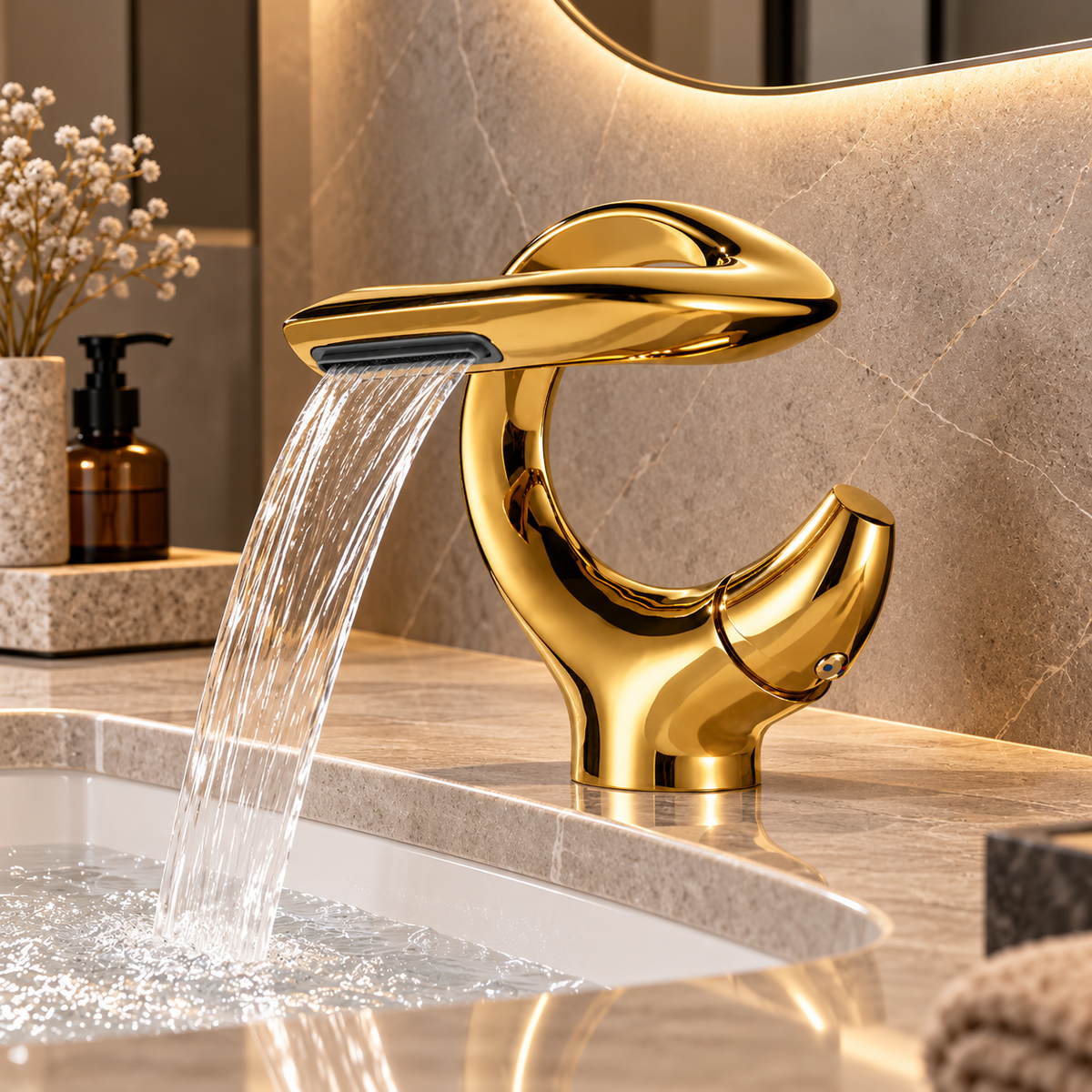 Robinet de lavabo NORVA doré en anneau, écoulement en cascade sur un plan en pierre