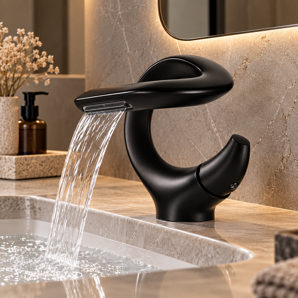 Robinet de lavabo NORVA noir en anneau, écoulement en cascade sur un plan en pierre