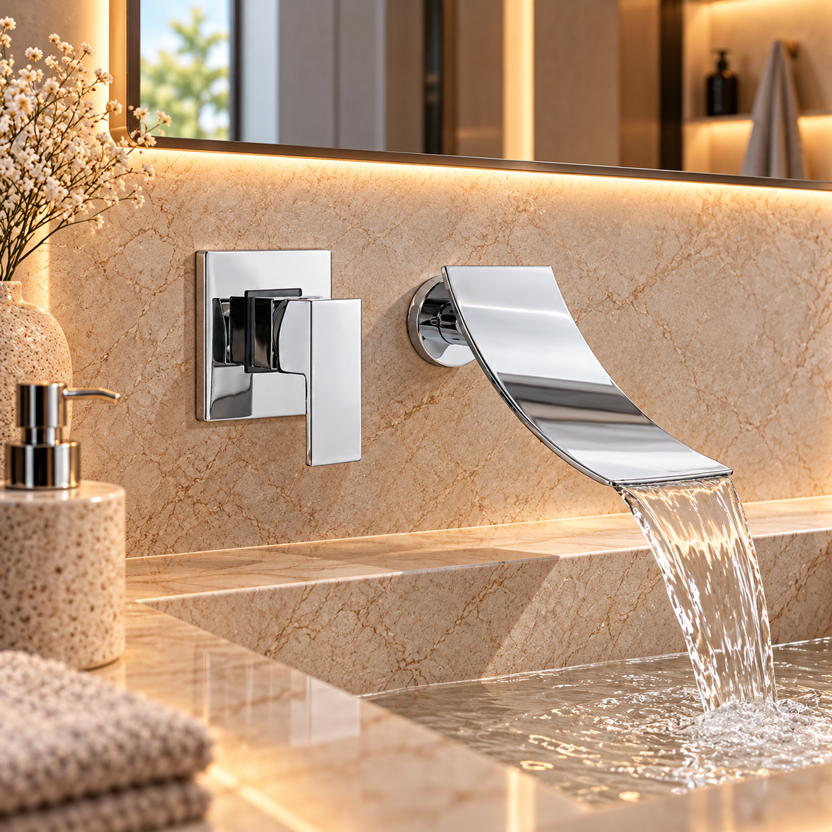 Robinet de lavabo mural RUNAV chromé à lame cascade au-dessus d'une vasque en pierre
