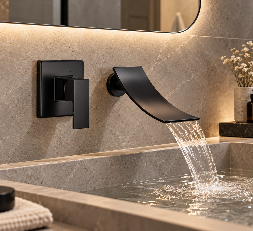 Robinet de lavabo mural RUNAV noir à lame cascade au-dessus d'une vasque en pierre