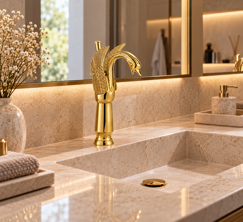 Robinet de lavabo SIRVEN doré en forme de cygne, modèle haut, sur un plan en pierre