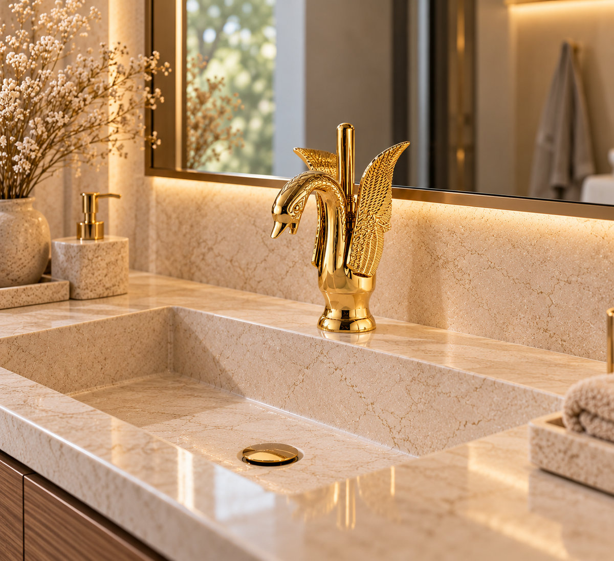 Robinet de lavabo SIRVEN doré en forme de cygne sur un plan de toilette en pierre