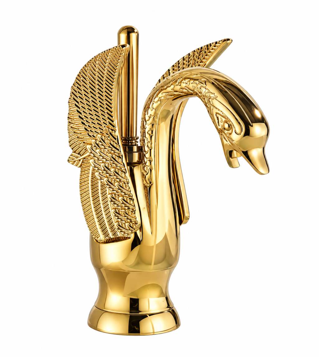 Robinet de lavabo SIRVEN doré en forme de cygne, vue de face sur fond blanc