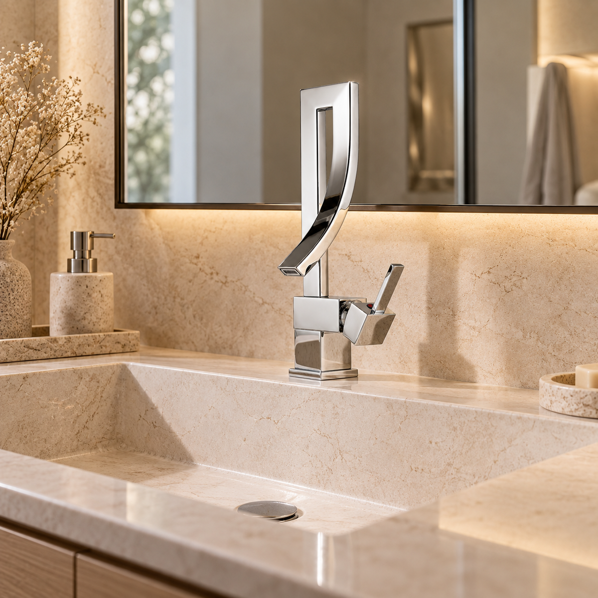Robinet de lavabo THALEN chromé à bec cascade sur une vasque en pierre