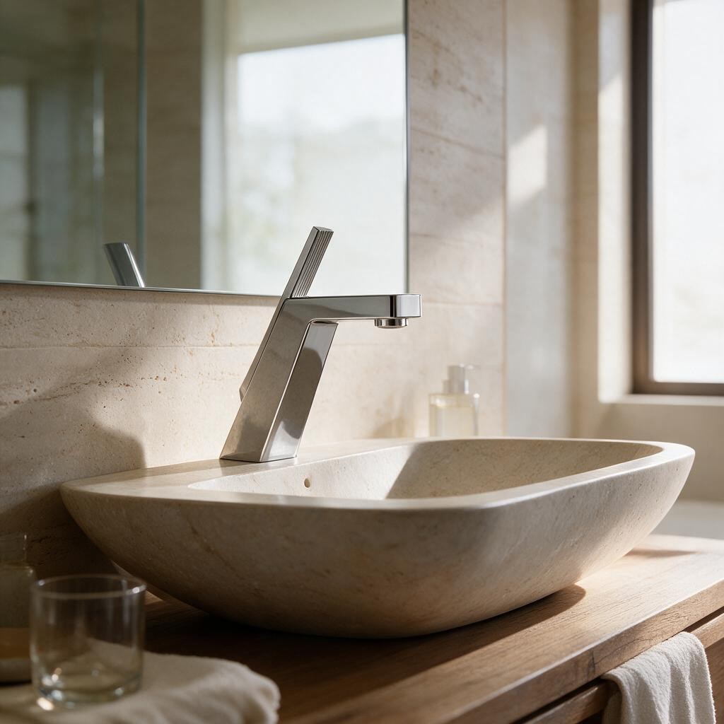 Robinet de lavabo VESTA chromé au-dessus d'une vasque en pierre