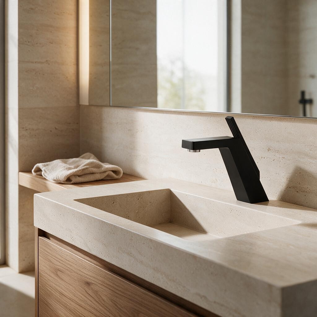 Robinet de lavabo VESTA noir au design anguleux sur un plan de toilette en pierre